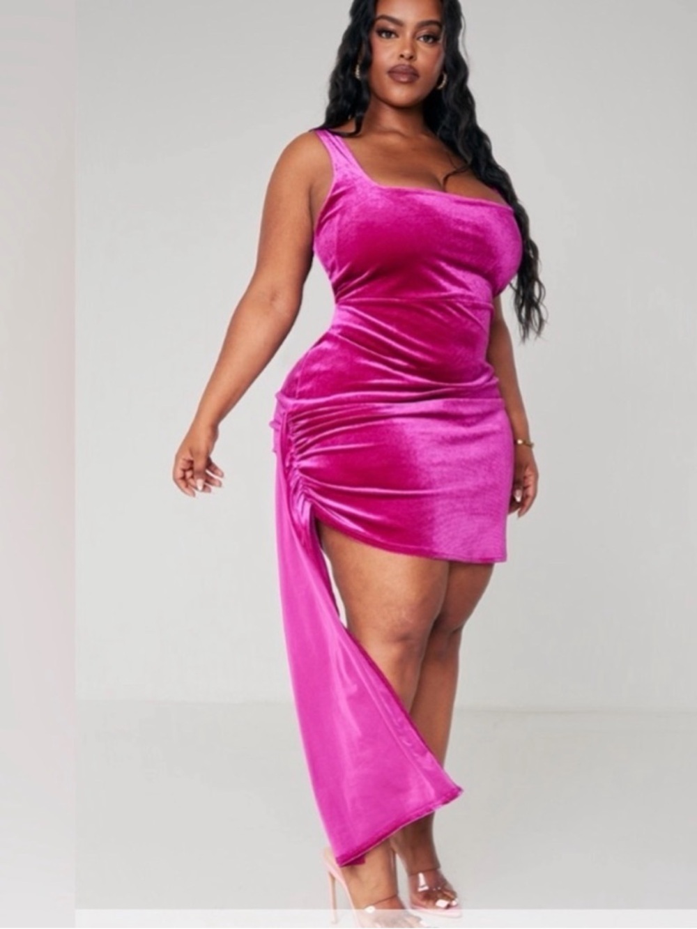 PrettyLittleThing Hot Pink Velvet Asymmetric Draped Mini Dress